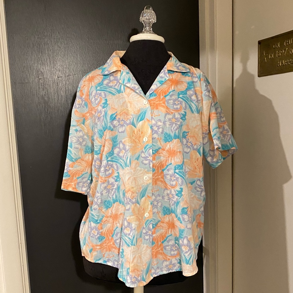 💜 Vintage Hawaiian Print Floral Short Sleeve Button Up Shirt